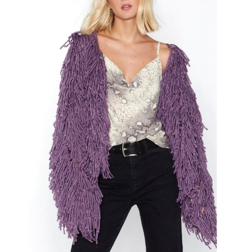 Nasty Gal NWT Bad Romance Shaggy Fringe Cropped Open Front Cardigan Womens Sz M